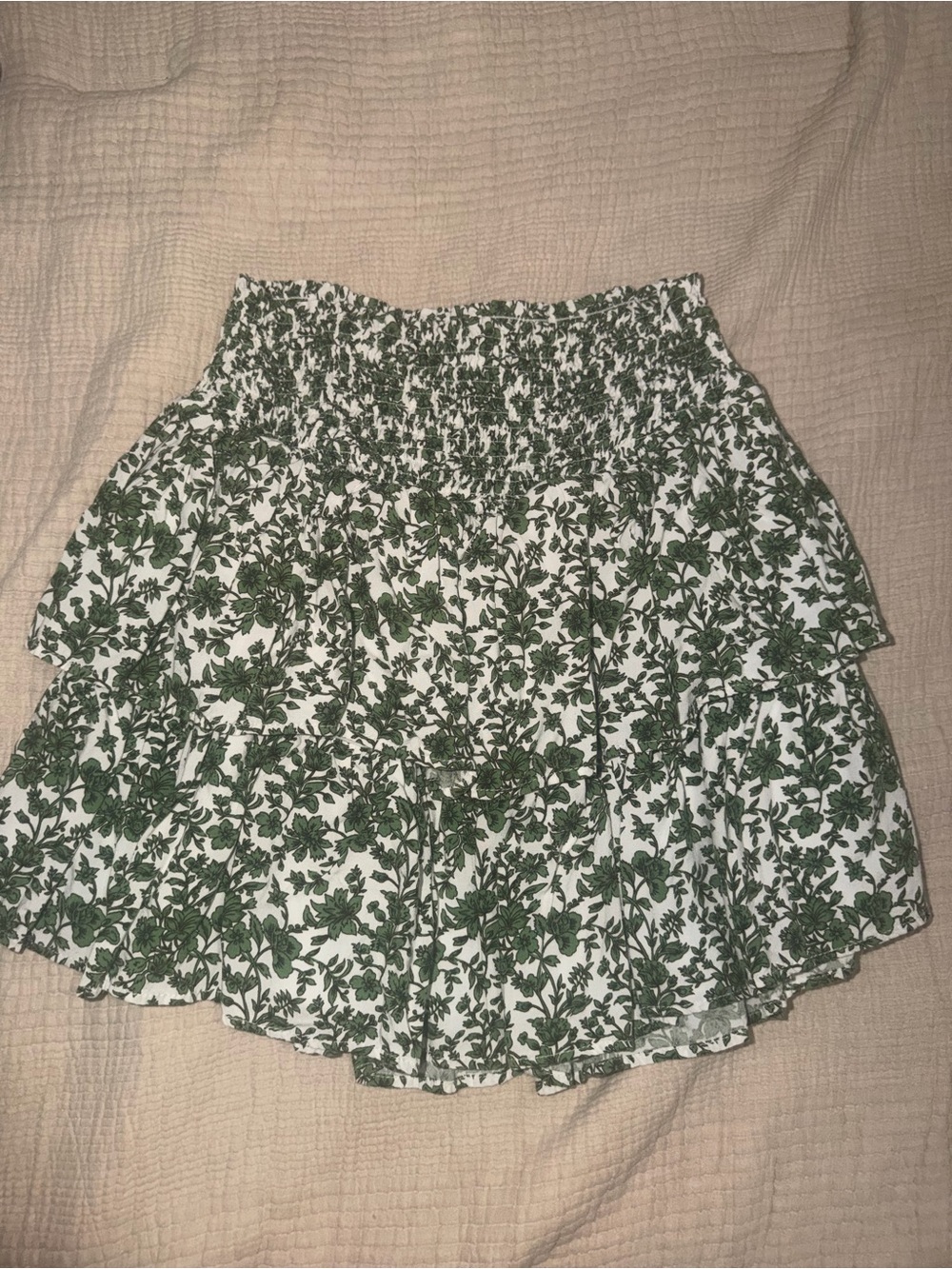 Blue Rain White Skirt with Green Floral Print